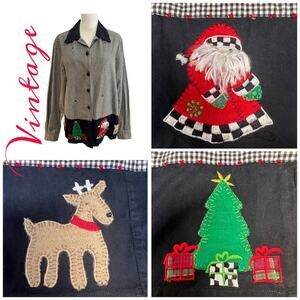 LEMON GRASS Vintage Christmas Shirt Santa Reindeer Appliqué Black Check SZ L